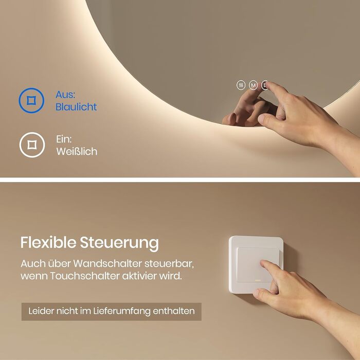 Дзеркало для ванної кімнати EMKE з підсвічуванням, 50 см, кругле, без рами, з регулюванням яскравості, 3 кольори світла, антизапар, сенсорне управління, функція пам'яті, 60x60 см