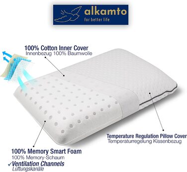 Дорожня подушка alkamto - подушка для кемпінгу-піна з ефектом пам'яті з додатковим бавовняним покриттям-у комплекті з кишенею-ортопедична подушка для підтримки шиї Віскозна піна-регулювання температури / 42x27x8, 5 см