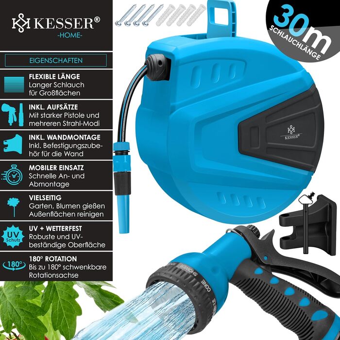 KESSER® Автоматична кавова машина для шлангів 30м з підключенням до стіни, автозмотування, поворот 180°, насадка-пістолет з 9 режимами, 2 насадки (Синій)