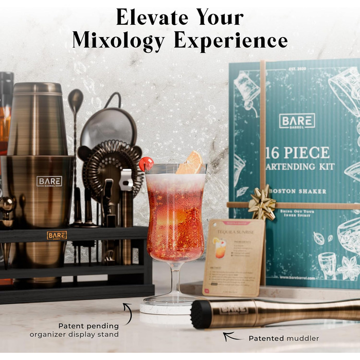 Набір бармена BARE BARREL® Mixology: 16 предметів для приготування коктейлів | Шейкер Boston, Martini, мірні інструменти | 35 рецептів | Подарунок
