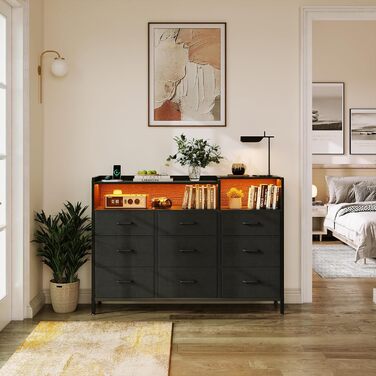 Комод ODK з шухлядами, 2 розетки, 2 USB, 10 LED-смужок, полиця, стільниця, 9 тканинних шухляд, чорний колір, 130x30x97 см