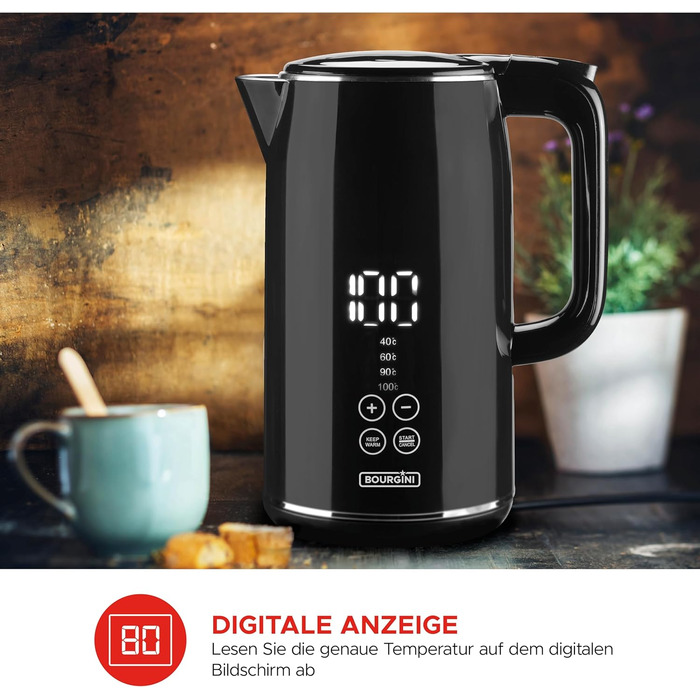 Цифровий чайник чорний - Чайник з налаштуванням температури - Ємність 1,7 літра на 8 чашок чаю - Електричний чайник - Функція збереження тепла