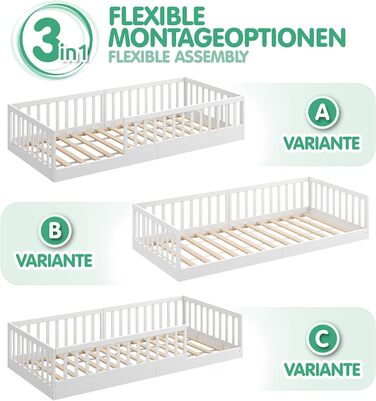 Ліжко-підлога CADANI Timi 2в1 Монтессорі 120x200 см для дітей з бортиками, ламелями, з масиву сосни, біле. 3 варіанти збірки, до 200 кг, розбірне.