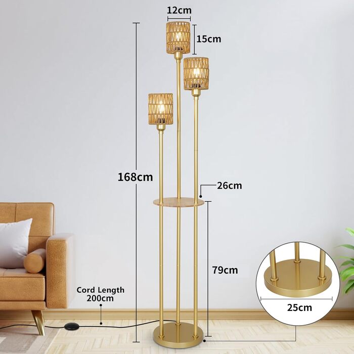 Торшер з ротанга Rayofly на 3 лампи з регулюванням яскравості з полицею та ножним перемикачем, золото, стиль бохо
