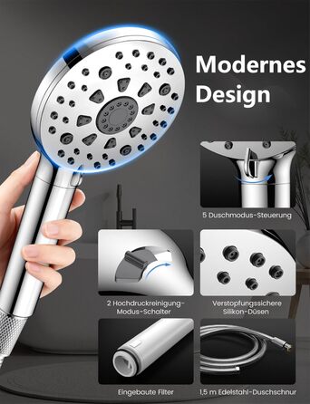 Фільтр для душу MEKO, високий тиск, ручна лійка з 15-шаровим фільтром, шланг 1,5м, 3 режими, економія води, видалення хлору, жорсткої води, важких металів (срібла)