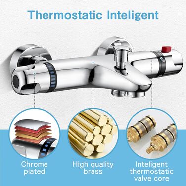 Змішувач для ванни з термостатом, накладний, хром, латунь, з кнопкою безпеки 38°C, для ванни