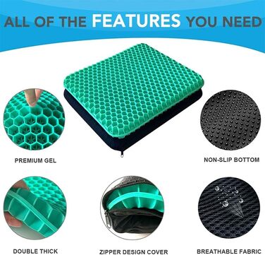 Ортопедична гелева подушка на стілець для офісу, авто та інвалідних візків, м'яка з антиковзаючим чохлом (Зелений, 43x39x4 см)