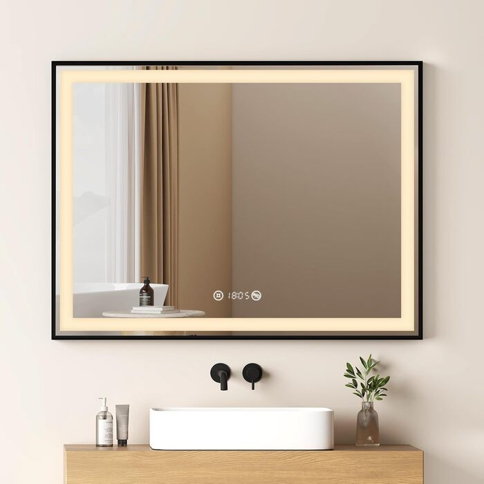 Дзеркало для ванної кімнати EMKE з підсвічуванням 70x50 см, чорне, сенсорне, регульоване, проти запотівання, годинник, пам'ять, нейтральне світло 4300K, енергозберігаюче, IP44