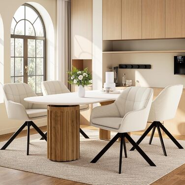 Набір з 2 обертових стільців для їдальні/кухні, бежевий, з підлокітниками, поліестер, металеві ніжки