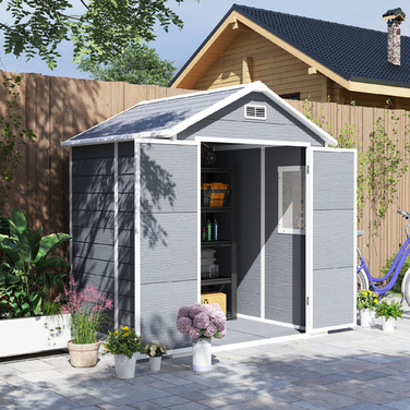 Outsunny Garden Shed 2,4 м², Водонепроникний садовий сарай з підлоговим моноскатним дахом, 182x151x219/181 см, Сарай для інструментів з дверима, що замикаються, Вікно Велосипедний гараж, Садова шафа з алюмінію, для заднього двору, Саду, Сірий | Аосом