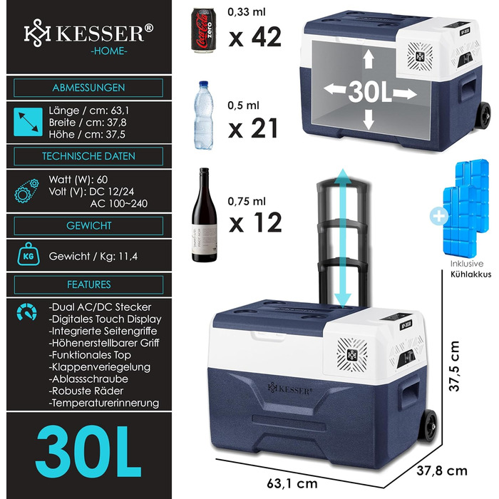 Електрична термохолодильник KESSER® Kompressor на 30 літрів, Navyblau з APP-керуванням, USB, 12/24V/230V, -20°C для авто, вантажівки, човна