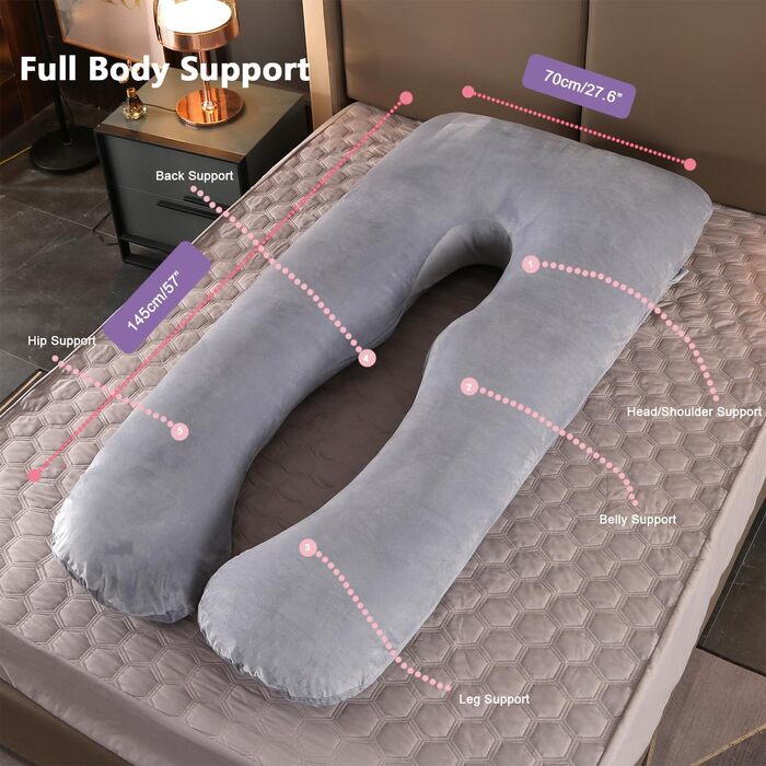Подушка для вагітних Vlio U-подібної форми, 145x70 см, сіра. Знімний та пральний оксамитовий чохол.