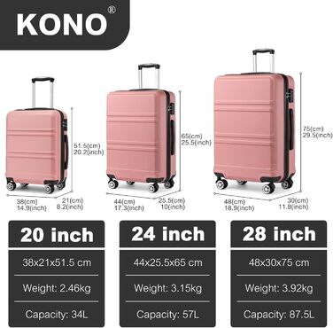 Валіза KONO 24 дюйми з TSA-замком, ABS, 4 колеса, 65×44×25.5 см, набір 3 шт.
