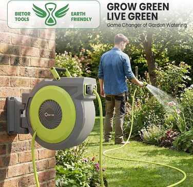 Шланговий барабан настінний автоматичний 40м, з фіксацією довжини, поворотна кріплення 180°, 9 режимів поливу для саду та миття авто