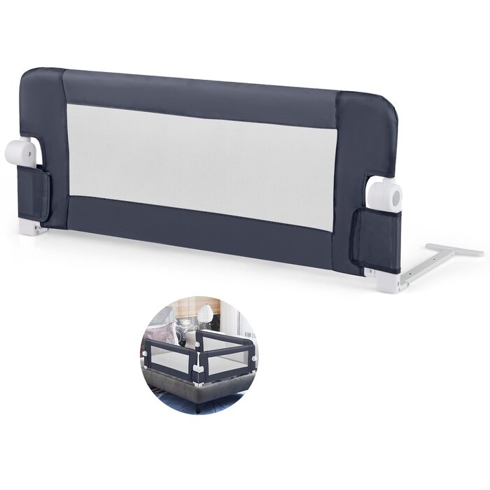 Бортик для ліжка COSTWAY складаний, захисний бар'єр для дитячого ліжка та ліжка для батьків (105x42 см, темно-сірий) з регульованими ременями та швидким складанням