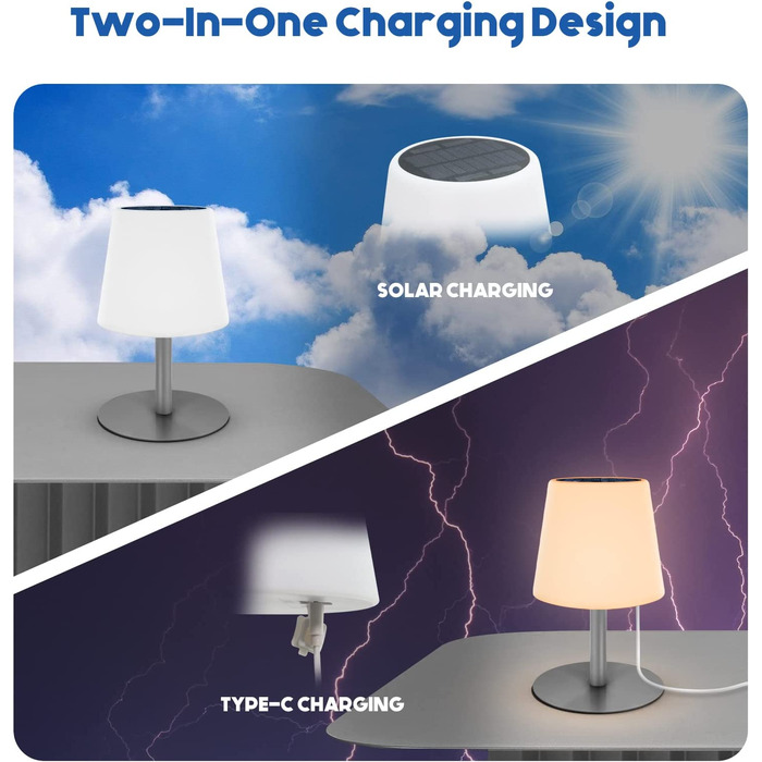 Світлодіодна настільна лампа на сонячній енергії для зовнішнього використання теплий білий / теплий жовтий Вулична настільна лампа на сонячній енергії Бездротова 2 в 1 Сонячна зарядка і USB-зарядка з регульованою яскравістю лампа для декору з дистанційним