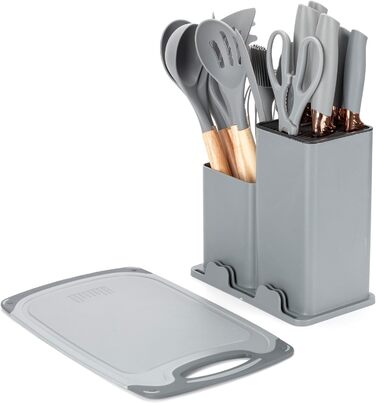 Набір кухонних ножів EliteHoff 19 предметів – набір кухонних аксесуарів з силікону з дерев'яними ручками, 5 ножів, 12 аксесуарів, дошка для нарізання та підставка – безпечний для харчових продуктів, придатний для миття в посудомийній машині, чорний (E-607