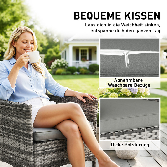 Набір з 2 садово-розкішних крісел з ротангу (поліротанг) для саду. Включає 2 крісла, знімні подушки та сталевий каркас. Колір: сірий.