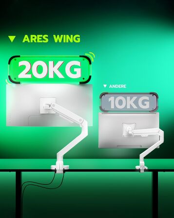 Кріплення для монітора ARES WING з USB A/C, кріплення для монітора 17-49 дюймів, підставка для монітора з газовою пружиною, VESA 75/100 мм, білий