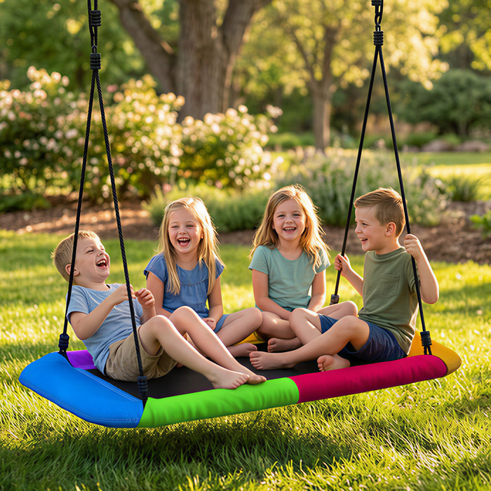 Дитяча гойдалка-гніздочко з регульованою висотою, вантажопідйомністю до 300 кг та регульованим канатом, призначена для дітей віком 3-8 років, розміром 148x77x180 см, у різноманітних кольорах.