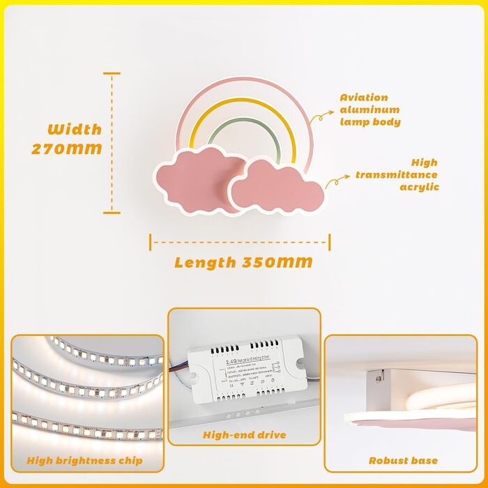 Дитячі стельові хмари Rainbow Dimmable з дистанційним керуванням, нічник, 35см