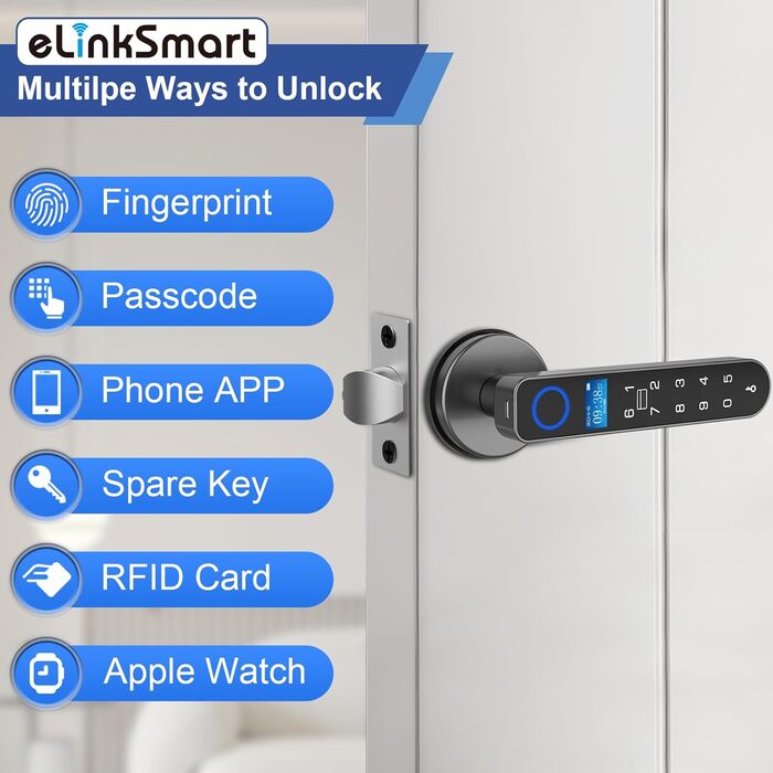 eLinkSmart Замок для дверей з відбитком пальця, RFID-карта, NFC, Smart-ручка, цифровий, без ключа, з клавіатурою, режим приватності для спальні, eSmartLock App, чорний