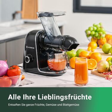 Електричний соковитискач AOBOSI Slow Juicer з 2 швидкостями - для овочів та фруктів, з 8-ступеневою шнековою системою, щіткою для очищення та 2 чашами, функція реверсу