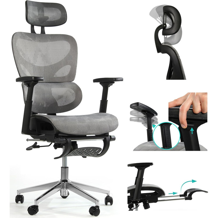 Офісне крісло Sesto Senso K80G Grey - ергономічне, з підніжкою, регульованою спинкою та підлокітниками