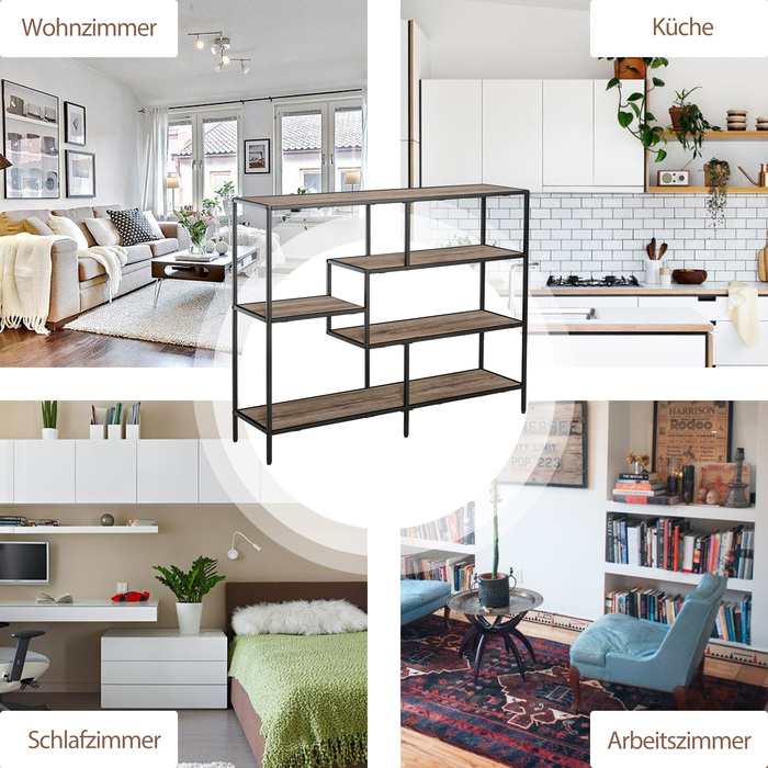 Стелаж Standregal: Промисловий стелаж для книг, документів та кухонного приладдя. Виготовлений з П2 ДСП та металу, комбінація чорного кольору та світлого дуба. Розміри: 120 x 32 x 95 см.