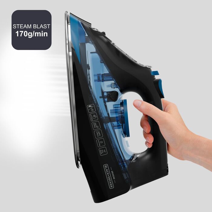 Праска з парою BLACK+DECKER BXIR2605E | 2600W | Потужний паровий удар 170 г/хв | Безперервний струмінь пари 40 г/хв | Нержавіюча сталь, захист від накипу, самоочищення | Ефективно видаляє віруси та бактерії