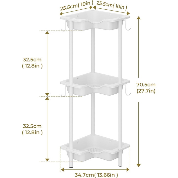 Полиця для душу Orimade, нержавіюча, без свердління, кутова полиця з 4 гачками, 25,5х25,5х103 см (3 шт. и, біла)