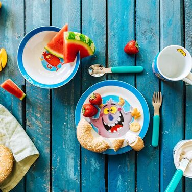 Набір дитячого посуду BIOZOYG з порцеляни (3 шт.): тарілка, чашка, миска. Безпечний, миється в посудомийній машині. Чудовий подарунок для дітей з веселим дизайном (монстр).