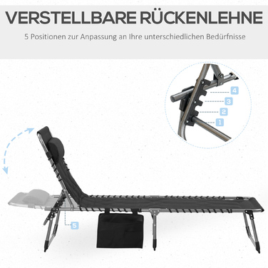 Складний розкладний шезлонг Outsunny Sun Lounger з подушкою 5-рівнева регульована спинка сталева оксфордська тканина чорний 188x57x30см для саду та патіо