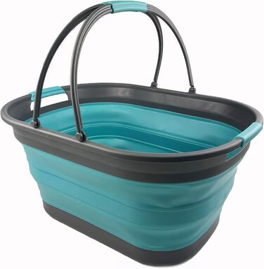 Пластиковий розбірний кошик для білизни - Овальна ванна/кошик - Складний контейнер для зберігання - Портативна ванна для прання - Компактний кошик для білизни (сірий/кришталево-синій), 38L