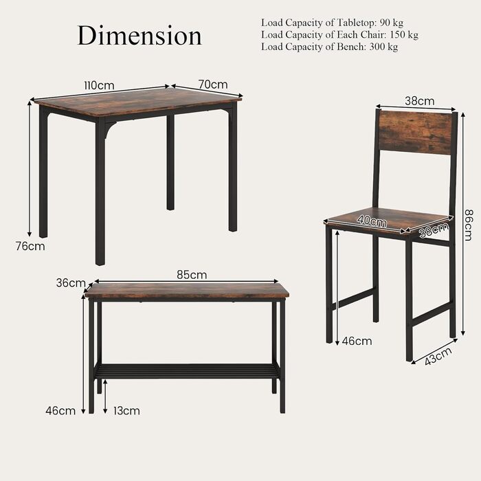 ХОМАСІС 4 шт. Набір обідніх столів Стіл, 2 стільці та лавка, дерево та метал, для кухні/їдальні (темно-коричневий)