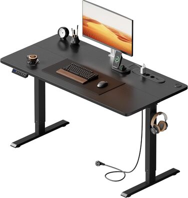 Регульований стіл з підняттям USB-портами та розеткою, 100 x 60 см. Електричний стіл, комп'ютерний стіл з пам'яттю 3-ох функцій, білий колір (чорний, 100 x 60 см)