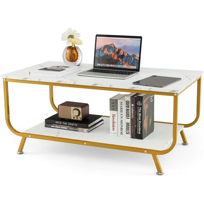 Журнальний столик COSTWAY з ефектом мармуру, стіл для вітальні з нижньою полицею, журнальний столик з металевим каркасом, журнальний столик для вітальні, офісу, 105 x 55 x 46,5 см (білий)