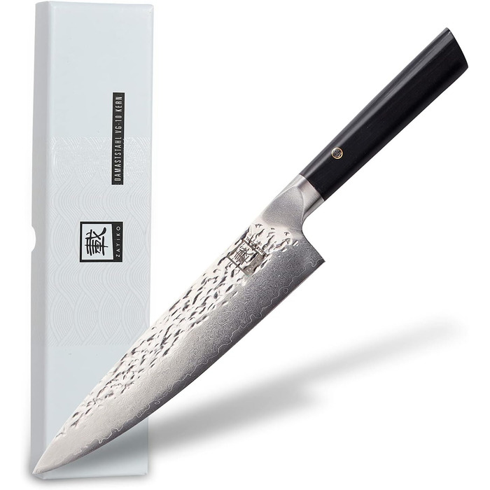 Кухонний ніж шеф-кухаря Zayiko Kuro Damast з лезом 20 см, з 67 шарів дамаської сталі, з ручкою з паккавуду