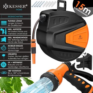KESSER® Автоматична карусель для шланга 15 м + 2 м, настінна коробка для шланга з автозмотуванням, роликовий механізм для садового шланга, поворотна на 180°, набір з багатофункціональною лійкою з 9 режимами, 2 насадки, помаранчевий