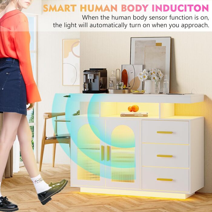 LED комод-тумба Gurexl з бездроговою зарядкою, RGB-підсвічуванням, сенсорами та регульованими полицями (80x40x100 см), білий