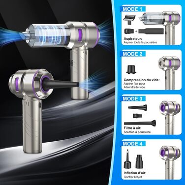 Бездротовий ручний автомобільний пилосос 4 в 1, потужність 18000Па, безщітковий мотор 200 000 об/хв, 3 рівні всмоктування для авто, дому та шерсті тварин, сріблястий