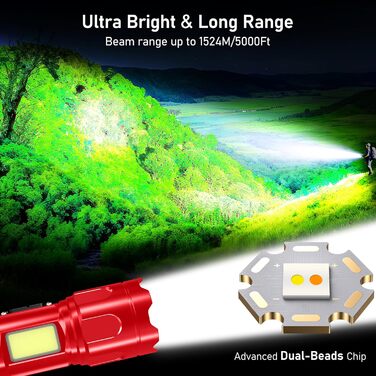 Ліхтарик Blukar LED з двома кольорами температури, бічне COB-світло, акумуляторний, яскравий, з регулюванням яскравості та зумом, 7 режимів, водонепроникний, для кемпінгу та надзвичайних ситуацій (Червоний)