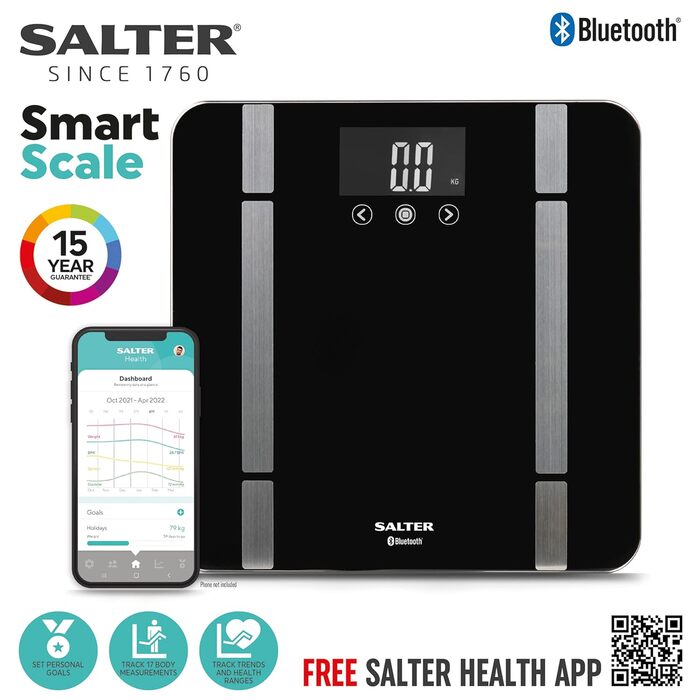 Ваги Salter SA00432GFEU6 Smart - Bluetooth, 200 кг, аналіз організму, 8 користувачів, підключення до програми, сірий