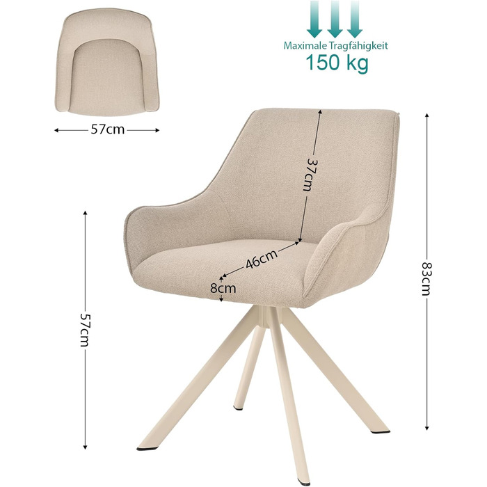 Обідні стільці поворотні, комплект 6 шт. з підлокітниками, 30° поворот, м'який стілець з льону, сучасний поворотний стілець для кухні, їдальні, вітальні, офісу, колір коричневий, металевий каркас, спинка