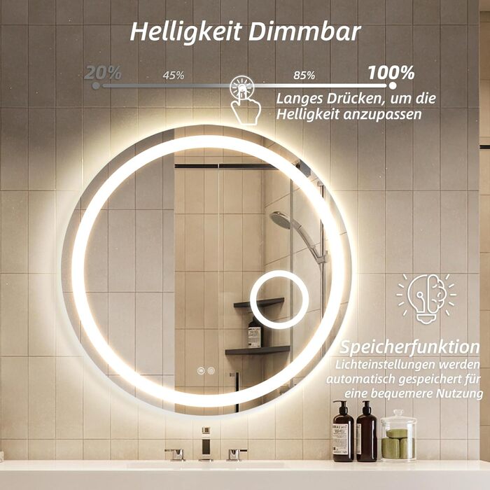Дзеркало для ванної кімнати HySail з підсвічуванням, 5 мм, високоякісний срібний, 3 колірні температури та регульована яскравість, настінне, з сенсорним вимикачем та антизапарюючим покриттям, кругле (70x70 см)