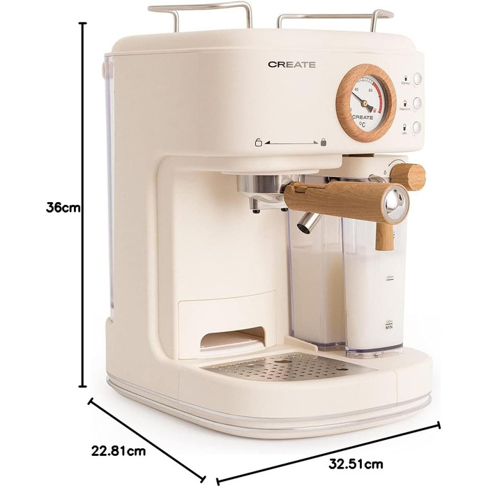 Напівавтоматична кавоварка крем-біла / 20 батончиків, резервуар для молока, піддон для крапель, два носики, ємність 1,5 л, для меленої кави, 1250 Вт