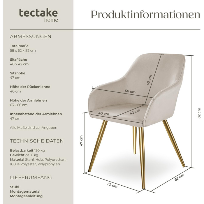 Крісло Tectake Esszimmerstuhl: комфортне крісло з підлокітниками, м'яке крісло з оксамиту, крісло для вітальні, їдальні, офісу, сучасні кухонні стільці, кремово-золотий колір (1 шт., тауп/золотий)