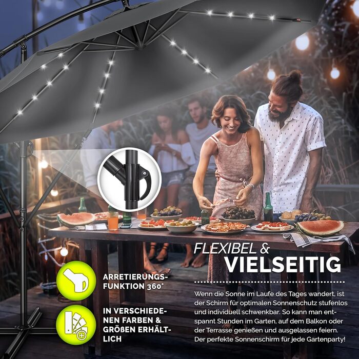Садова парасолька Tillvex Alu 300 см з LED-підсвіткою, сонячною панеллю, ручкою та стійкою, антрацит — водонепроникна парасолька від сонця з захистом від UV та вітру