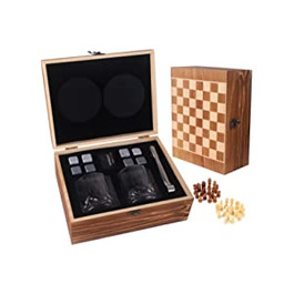 Подарунковий набір для віскі ZBPASL для чоловіків, 8 каменів для віскі з 2 склянками для віскі, стакан для віскі, щипці для льоду з дерев'яною шахової подарунковій коробкою, з