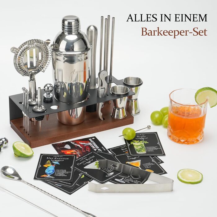 Набір бармена на 23 предмети: шейкер, сито, ложка, мадлер та інші інструменти для приготування коктейлів. Ідеально для дому, бару, вечірки (колір: коричневий)